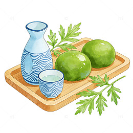 水彩青团酒具插画