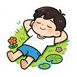 卡通男孩草地休息图