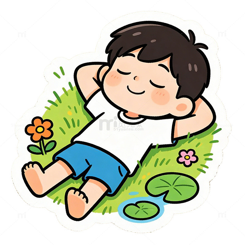 卡通男孩草地休息图