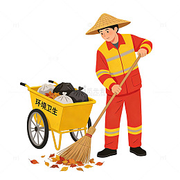 环卫工清扫落叶插画