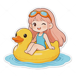 卡通女孩橡皮鸭游泳插画