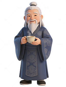 卡通古风老者喝茶图