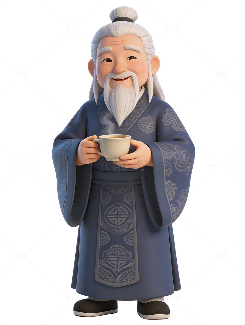 卡通古风老者喝茶图