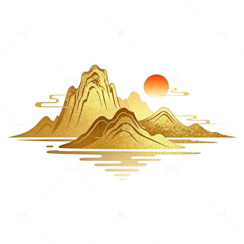 金色山水画日落艺术矢量图