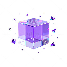玻璃立方体与晶体元素3D渲染图