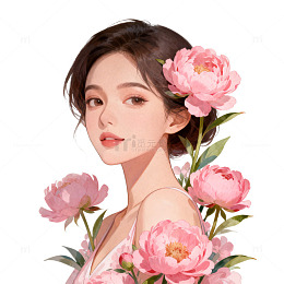 插画风格女性与牡丹花艺术插图
