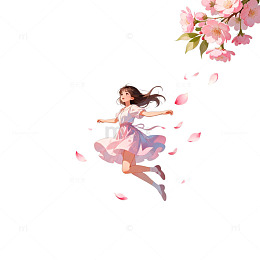插画风少女樱花飞舞素材