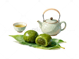 水彩风青团茶具插画设计素材