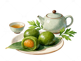 中国风青团茶具插画设计素材