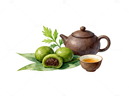 水彩风青团茶具插画