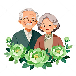 卡通风老年夫妇花卉插画