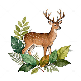 水彩鹿与森林元素插画