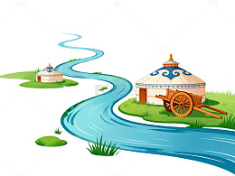 草原河流蒙古包插画