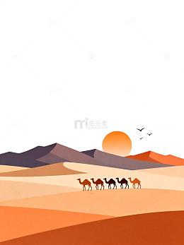 沙漠骆驼落日风景矢量插画