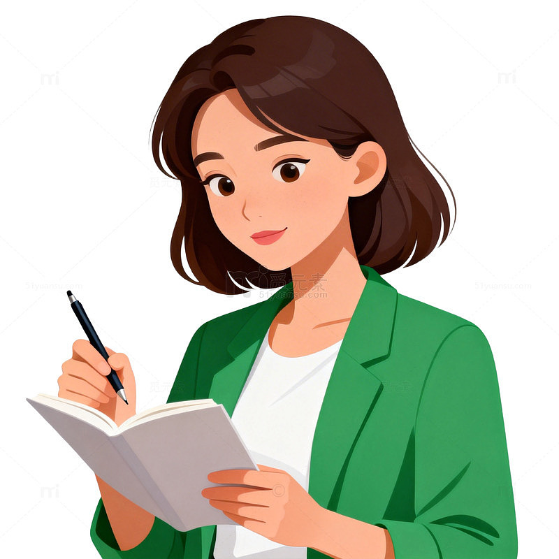 绿色西装女性写作插画