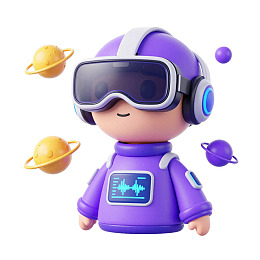 卡通宇航员戴VR头盔与行星