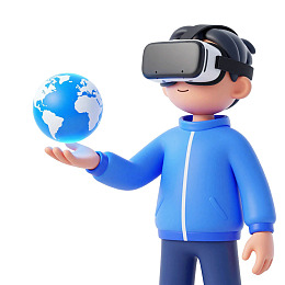 戴VR眼镜手持地球仪的卡通人物