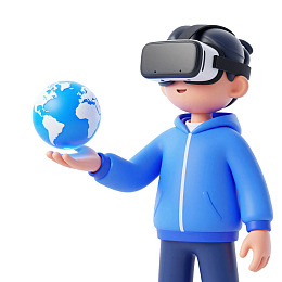 戴VR眼镜手持地球仪的卡通人物