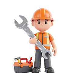 卡通工人手持扳手与工具箱