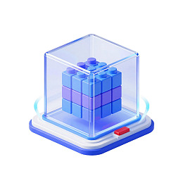 透明盒中蓝色积木立方体