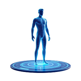 蓝色人体模型站立于科技光环之上