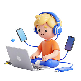 卡通男孩戴耳机用笔记本电脑