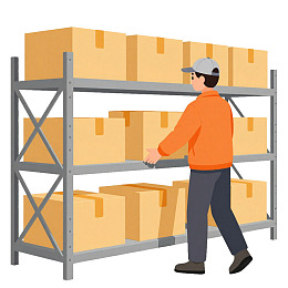 仓库管理员整理货架上的纸箱