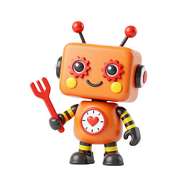 橙色机器人手持叉子可爱造型