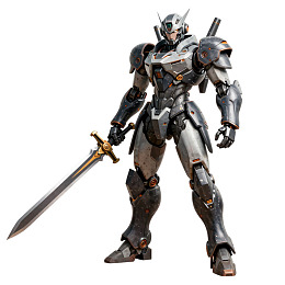 机甲战士手持长剑站立姿态