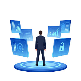 商务人士面对数据图表与锁图标