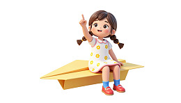 女孩坐在纸飞机上挥手