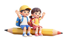 卡通儿童坐铅笔上挥手