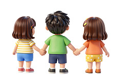 三个卡通孩子手牵手背影