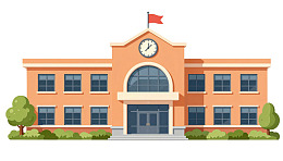 橙色学校建筑带钟表和旗帜
