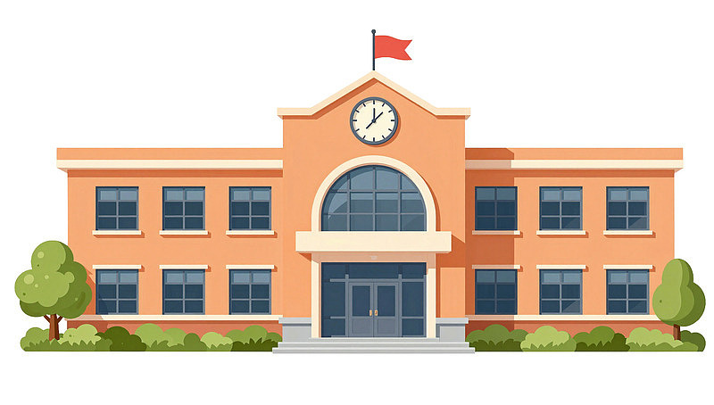 橙色学校建筑带钟表和旗帜