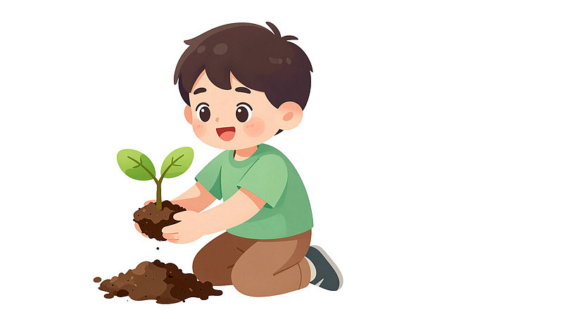 小男孩种下小树苗图片