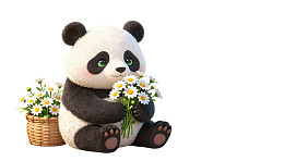 熊猫手捧雏菊温馨可爱