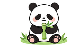 卡通熊猫手捧竹子闭眼微笑