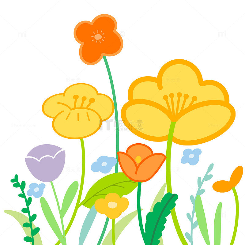 春天繁花扁平简约花丛手绘元素