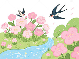 春天燕子花卉河流插画