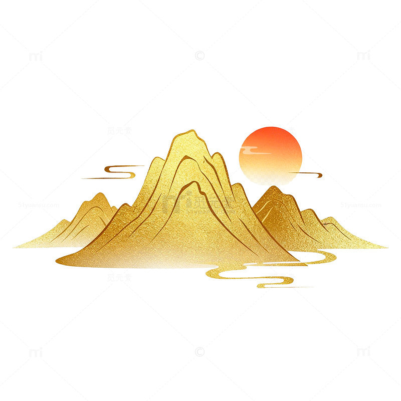 金色山水画日落风光矢量图