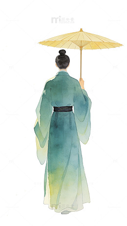 清明古风男子撑伞水彩画