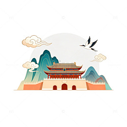 古风建筑山水画矢量插画