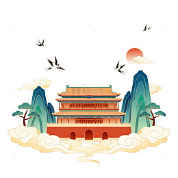 古风建筑山水画矢量插画