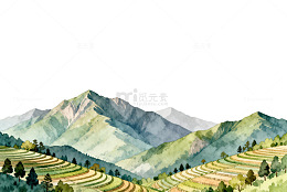水彩画梯田山景自然风光