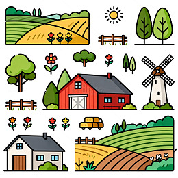 田园风光卡通插画设计元素