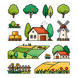 田园风光卡通插画设计素材