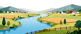 田园风光河流村庄插画