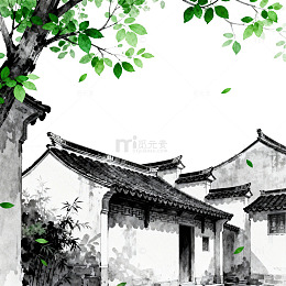 水墨江南古建筑风景插画