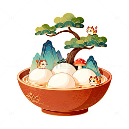 卡通汤圆山水画碗插画设计